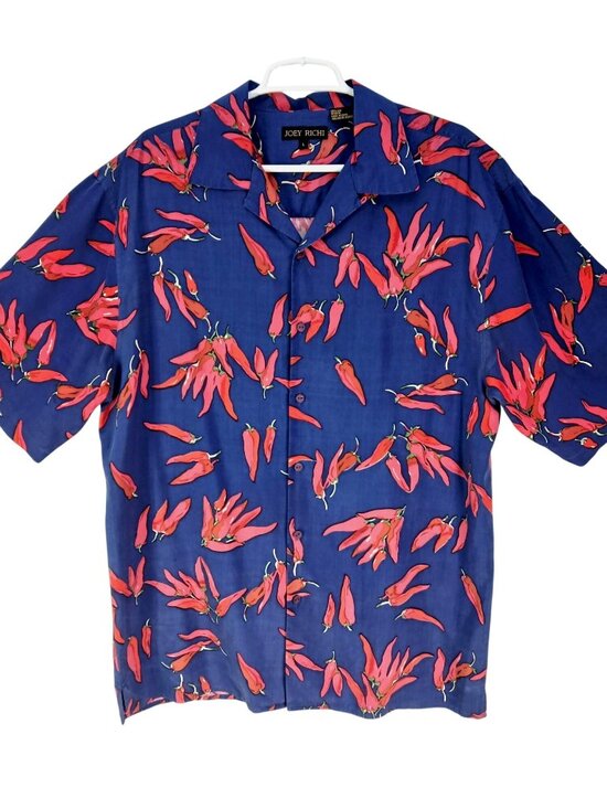 Joey Richi Other - Vintage Joey Richi Mens Silk Chili Pepper Print Button Up Shirt Size L Blue Red